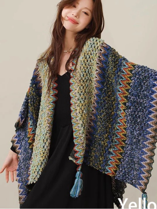 Handmade Sweaters - Multicolor Knit Blanket Shawl, Cape, Wrap